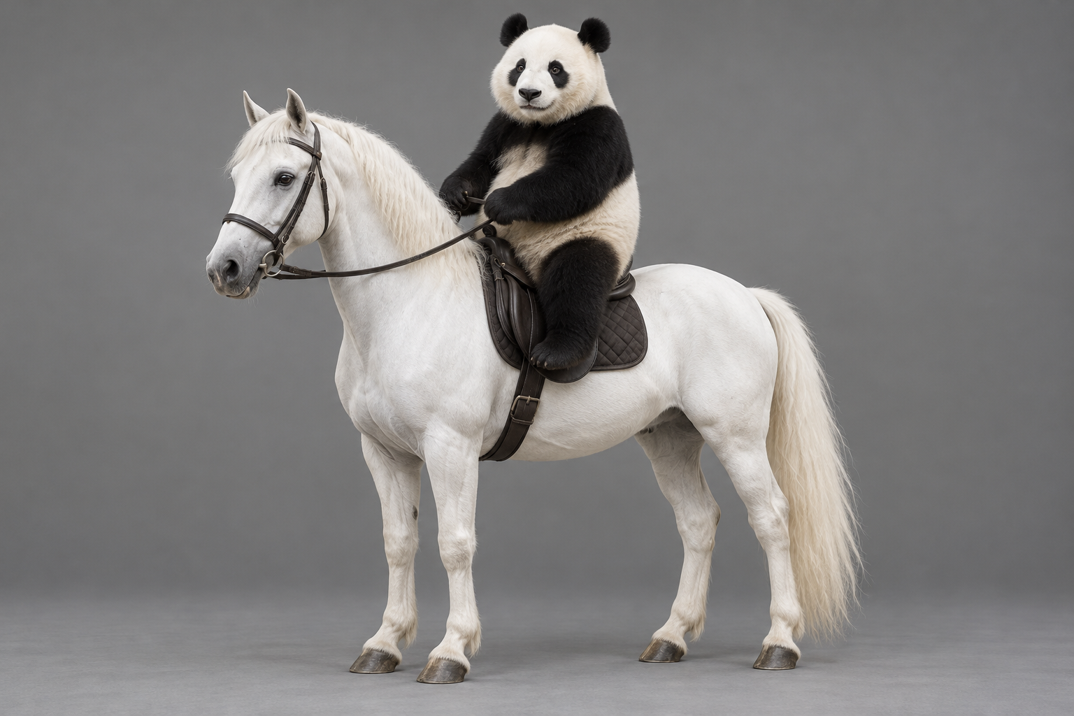 Actual input photo: a panda riding a complete white horse